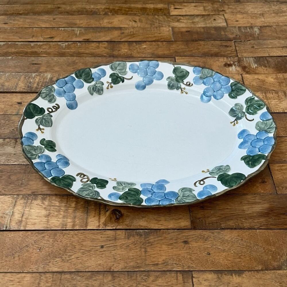 Metlox Poppytrail 14" Oval Serving Platter Blue Green Grapes & Vines